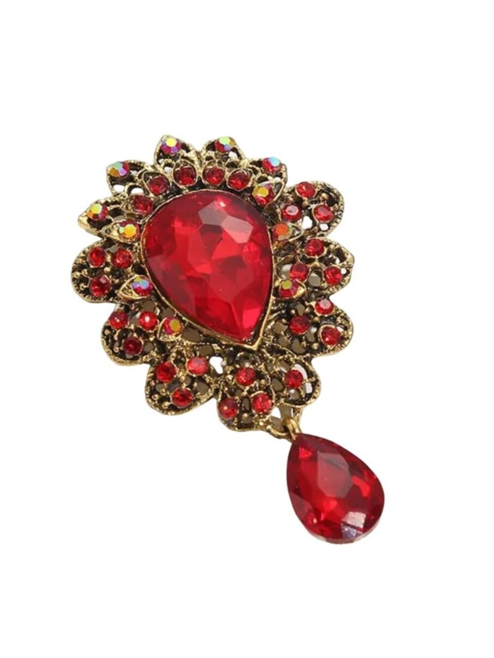 Brooch Red Glass Teardrop Dangle with A/B Iridescent Crystals Gold Tone